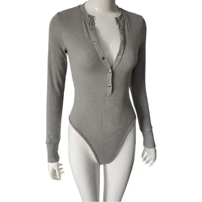 Long Sleeve Ribbed Jumpsuit Beige Eyelet Front
