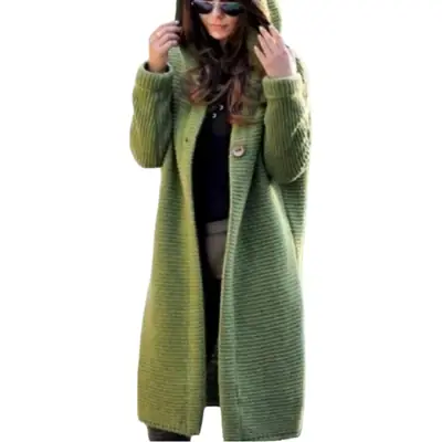 Women's Green Knitted Cardigan Large Size Mid-Length
