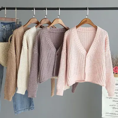 Women's Yellow Knitted V-Neck Cardigan Sweater