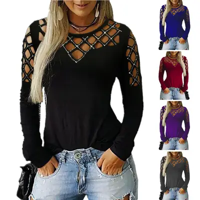 Women's Long Sleeve Cut Out T-Shirt Maroon Casual Top