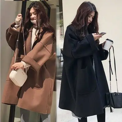 Women Woolen Coat Brown Large Loose Fit