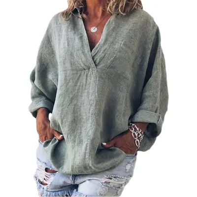 Women's V Neck Long Sleeve Pullover Shirt Beige Cotton