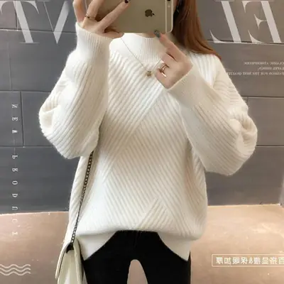 Women Black Knitted Half-Turtleneck Sweater Winter Top