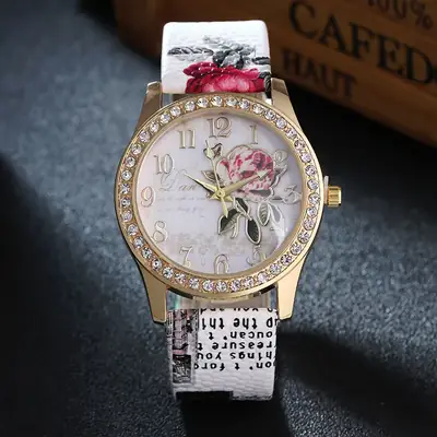 Women's Gold Rose Dial Watch with Diamond Strap
