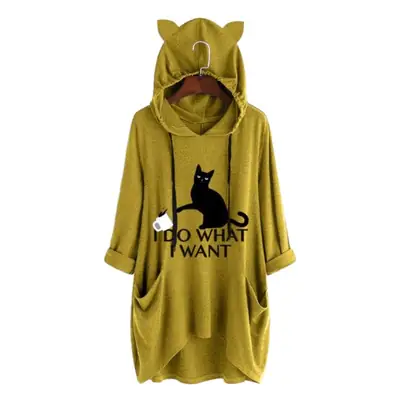 Women's Blue Cat Hooded Hoodie Large Loose Fit