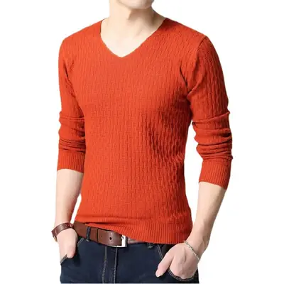 Men's V Neck Knit Pullover White Slim Fit Long Sleeve