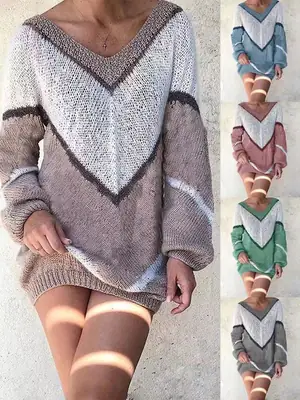 Women V-Neck Geometric Sweater Brown White Loose Autumn Winter