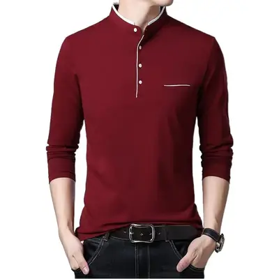 Men's Maroon Long Sleeve T-Shirt with Stand Collar