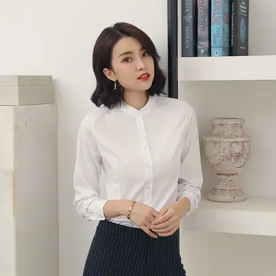 Women's White Long Sleeve Stand Collar Shirt 2021