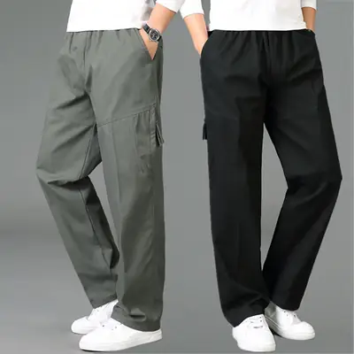 Plus-Size Men's Grey Cargo Pants Loose Cotton Winter