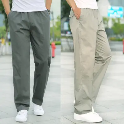 Plus Size Cotton Cargo Pants Grey Loose Fit Elastic Waist