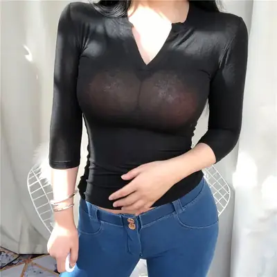 White Slim Fit Half Open Collar T-Shirt for Women