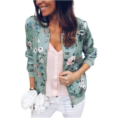 Women Floral Print Zipper Jacket Olive Green
