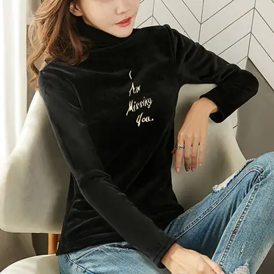 Women's Long Sleeve Velvet Top with High Collar Pink