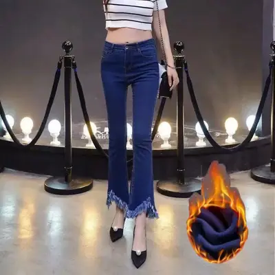 Black Flare Jeans Women High Waist Fleece Lined