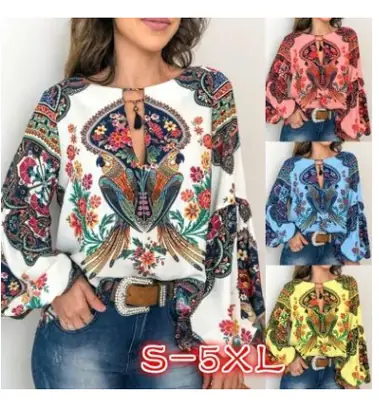 2019 Women's Digital Printed Lantern Sleeve Shirt Bulk