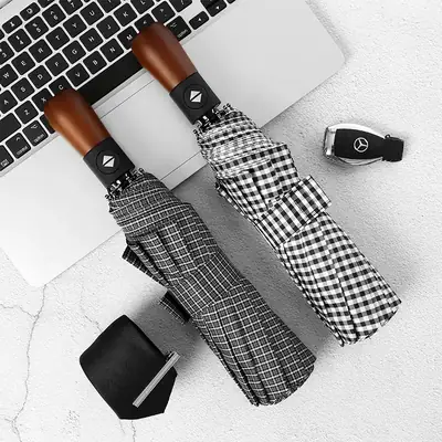 Wooden Handle Check Pattern Automatic Umbrella 10-Bone Anti-Wind