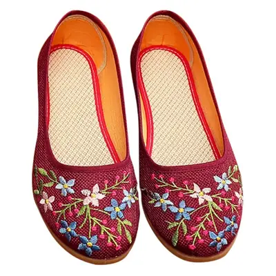 Women's Red Floral Embroidered Flat Shoes