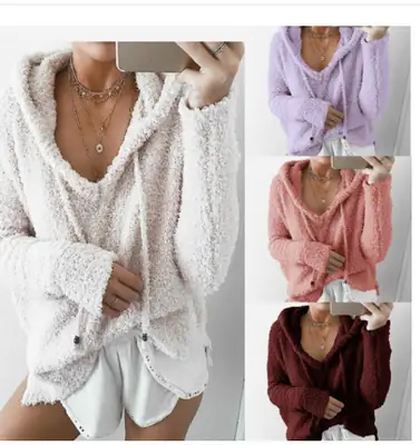 Pink Velvet Hooded Pullover Sweater for Women