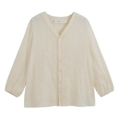 2023 V-neck Lace Shirt Women White Long Sleeve