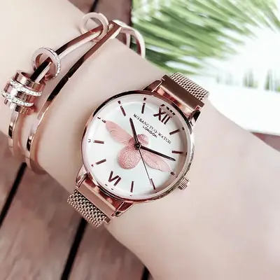 Women's Bee Design Watch Rose Gold Mesh Belt