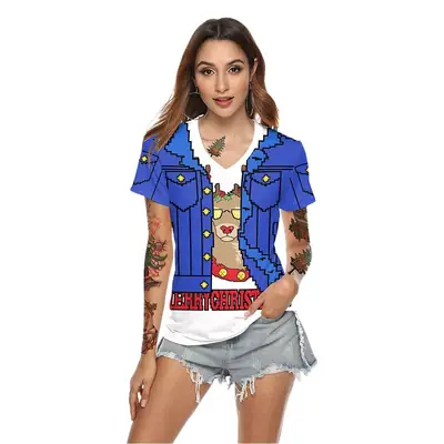 2024 Christmas V Neck T-Shirt Red Digital Print
