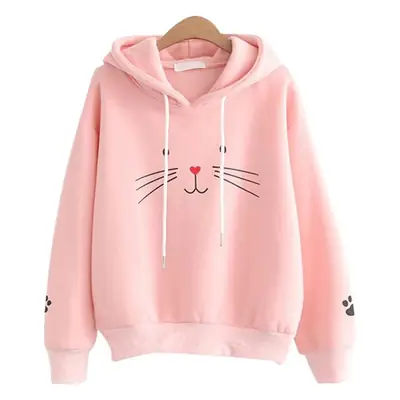 Women Harajuku Cat Print Hoodie Navy Long Sleeve