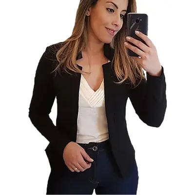 Blue Long Sleeve Cardigan Suit Jacket Top for Women