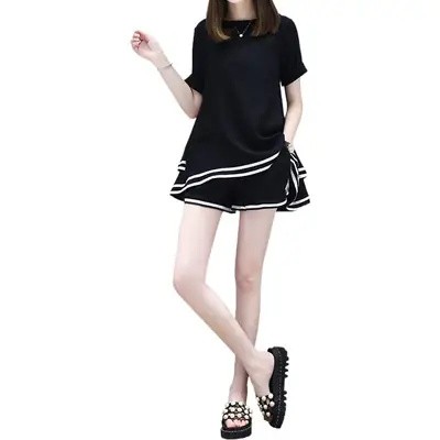 Women Black White Striped Shorts Set Casual Summer