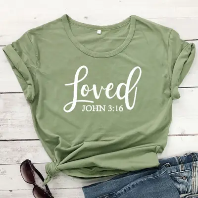 Loved John 3:16 T-Shirt Grey Cotton Short Sleeve