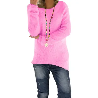 Women's White Long Sleeve Loose Sweater with Colorful Necklace