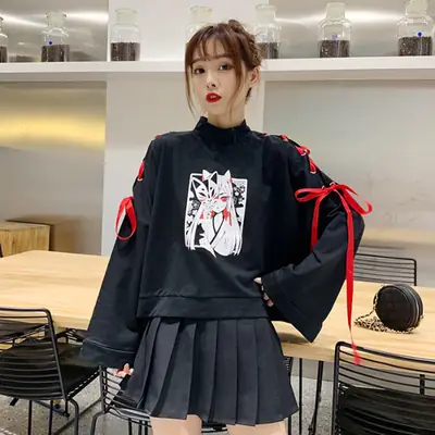 Japanese Style Black Cardboard Sweatshirt Set for Girls