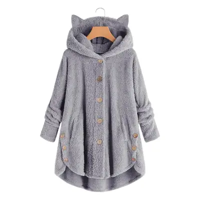 Women Button Hooded Cat Ear Plush Jacket Maroon