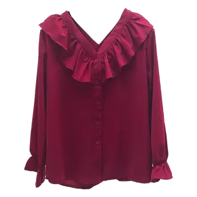 Women Ruffled Chiffon Belly Cover Shirt Maroon V-Neck