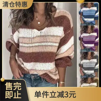 Women V-Neck Striped Sweater Autumn Winter Loose Fit