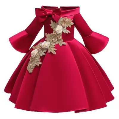 New Girl's Off-shoulder Mid-sleeve Dress with Rose Embroidery