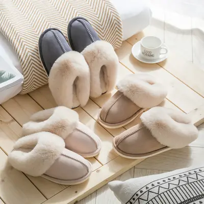 2023 Wool Faux Fur Slippers Grey Pink Women Winter Warm