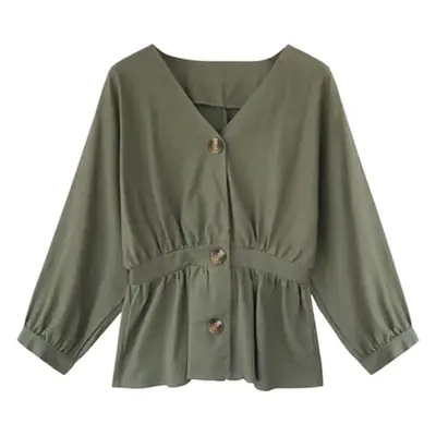 2025 Korean Style Waist Slimming V-Neck Shirt Olive Green