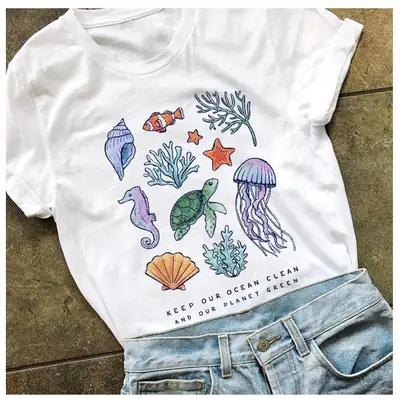 Gray Printed T-Shirt with Ocean Design for Men Women
