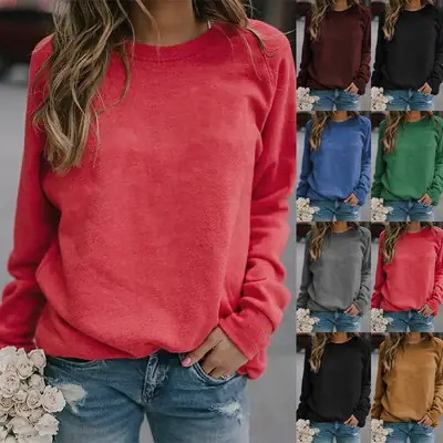 Women Blue Long Sleeve Round Neck T-Shirt 2023
