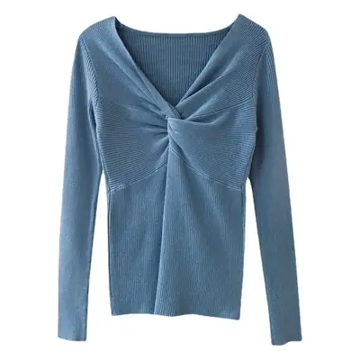Women's V-Neck Knitted Sweater Shirt White Slim Fit