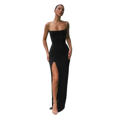 Black Slim Backless One-Neck Slit Dress for Women