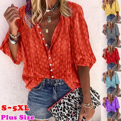 Single Breasted Printed Long Sleeve Shirt Top Plus Size Orange