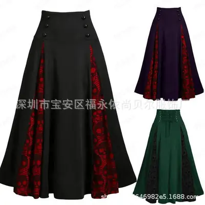 High-waisted Lace-up Mid-skirt with Red Embroidery