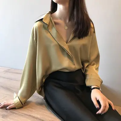 Silk Satin V-Neck Long Sleeve Shirt Women