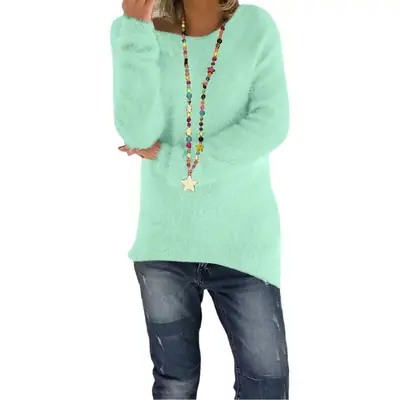 Women's Olive Green Long Sleeve Loose Sweater with Star Necklace