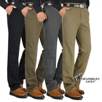 Men's Black Cotton Straight Pants Middle Waist Thick