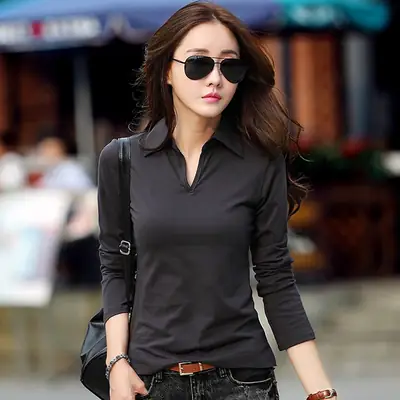 Women White Polo Collar Long Sleeve T-Shirt Autumn Wear