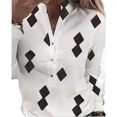 Women's White Printed Shirts with Black Diamond Pattern