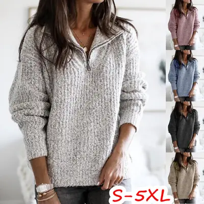 Women Blue Knit Zipper Pullover Jacket Long Sleeve Winter